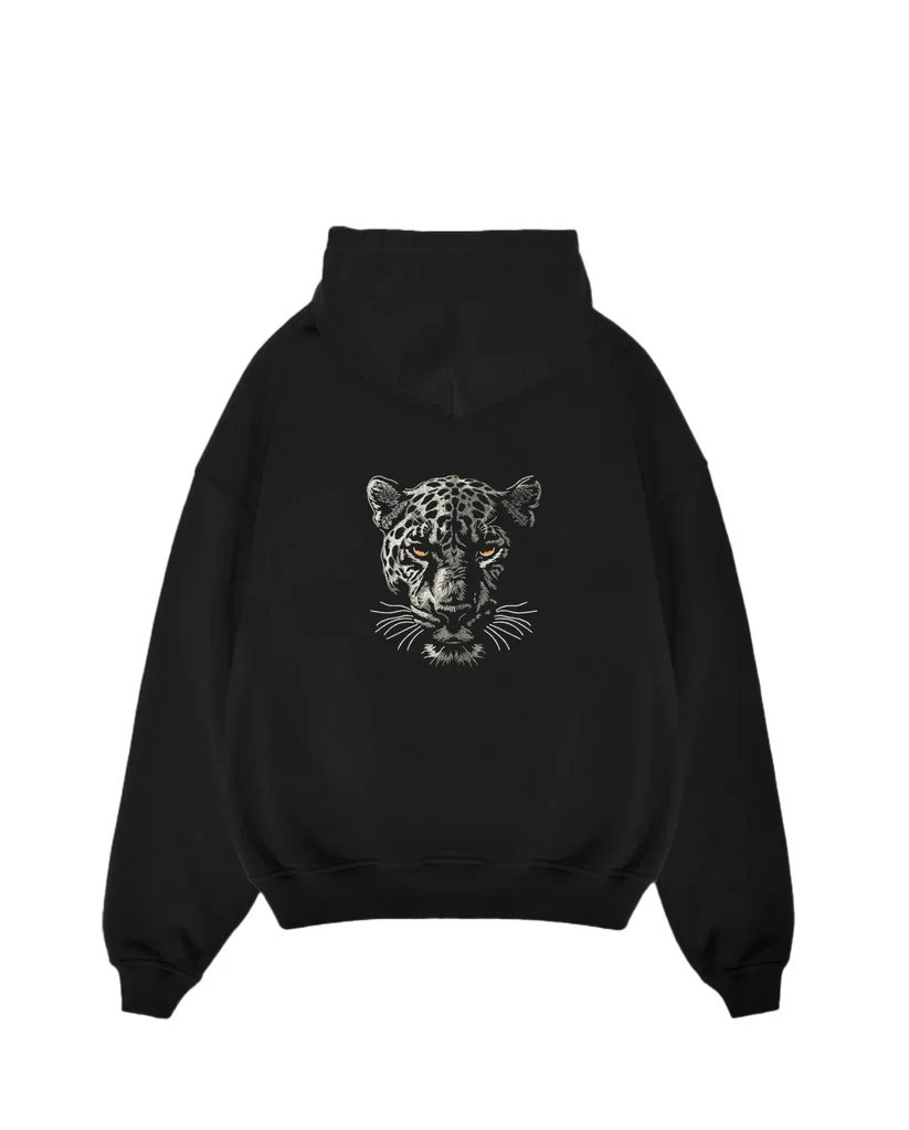 Striking Leopard Head Embroidered Black Unisex Hoodie | Orange Eyes Oversized Streetwear