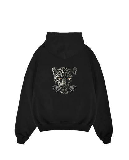 Striking Leopard Head Embroidered Black Unisex Hoodie | Orange Eyes Oversized Streetwear