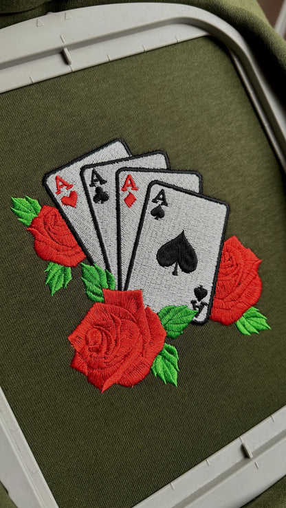 Four Aces & Roses Embroidered Olive Green Unisex Hoodie | Lucky Card Game Streetwear