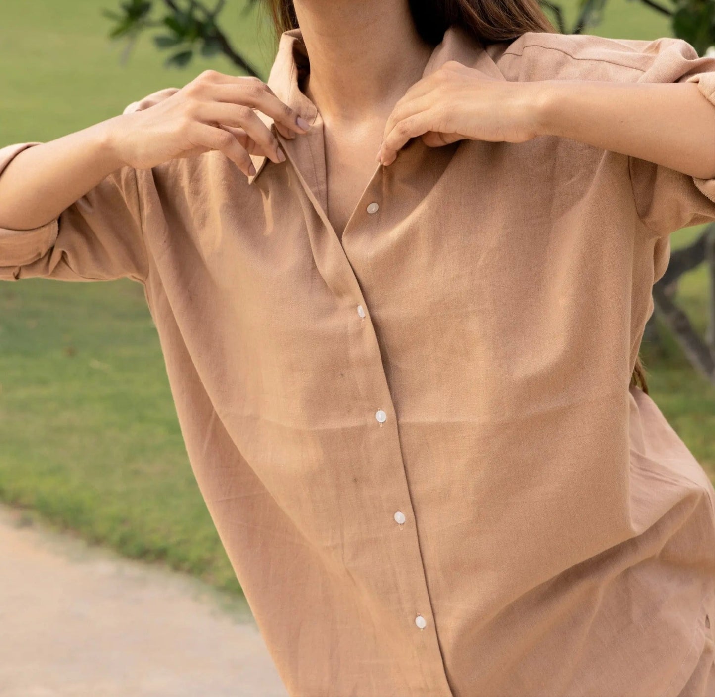 Olive Green Cotton Flex V-Neck Tunic Top for Women