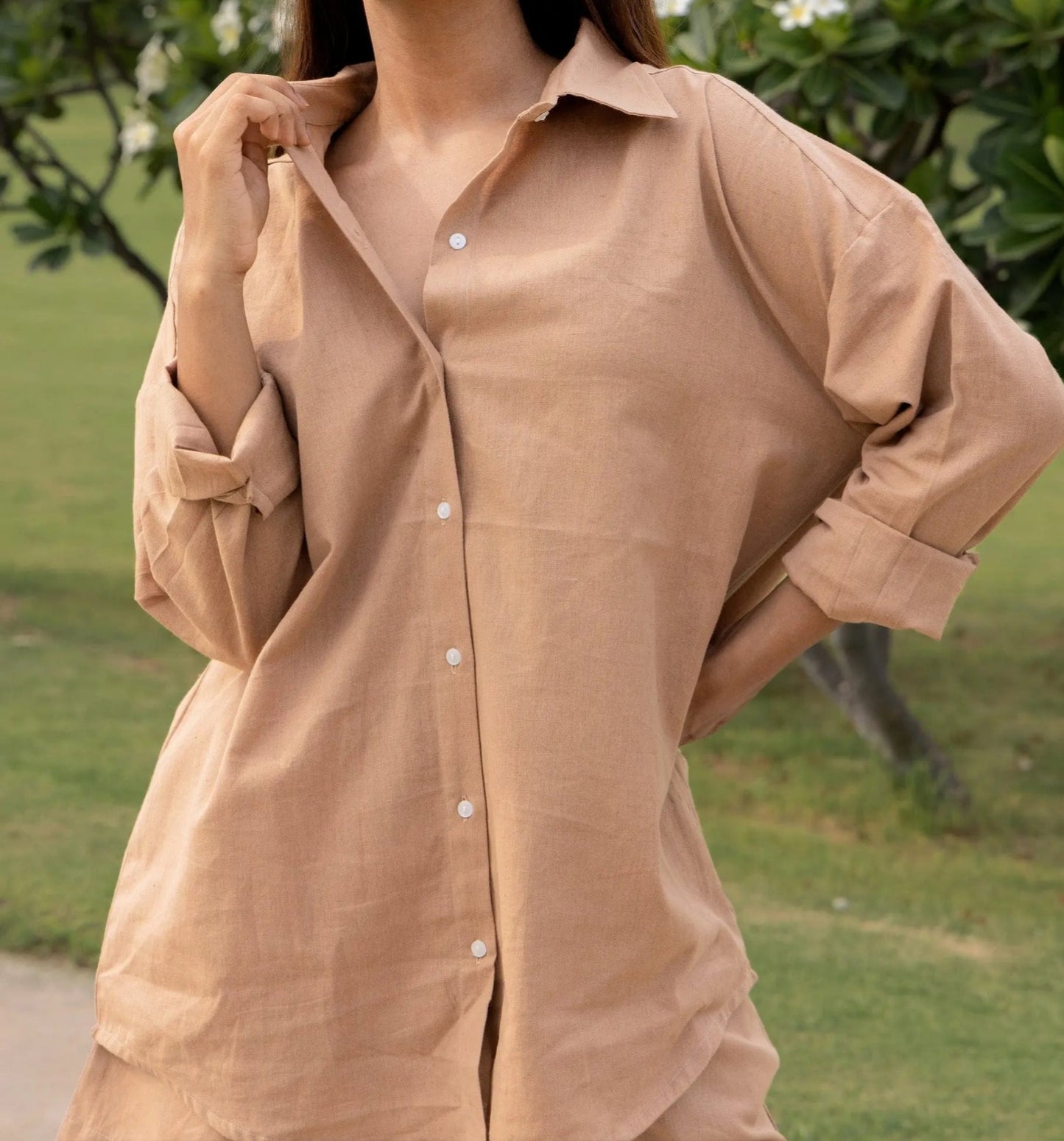 Olive Green Cotton Flex V-Neck Tunic Top for Women