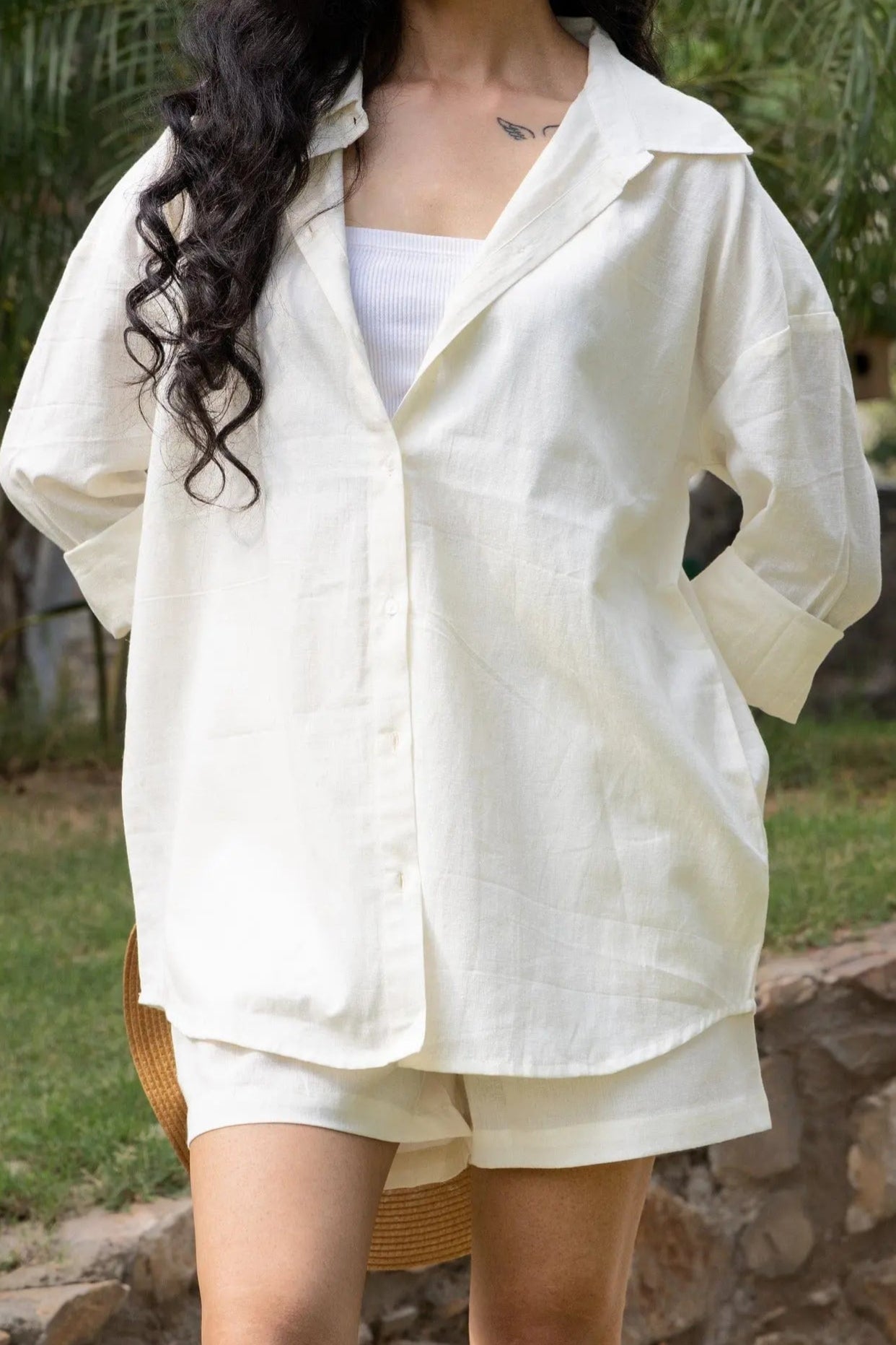 Olive Green Cotton Flex V-Neck Tunic Top for Women