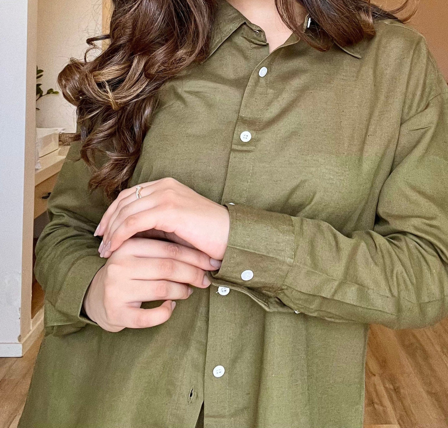 Olive Green Cotton Flex V-Neck Tunic Top for Women