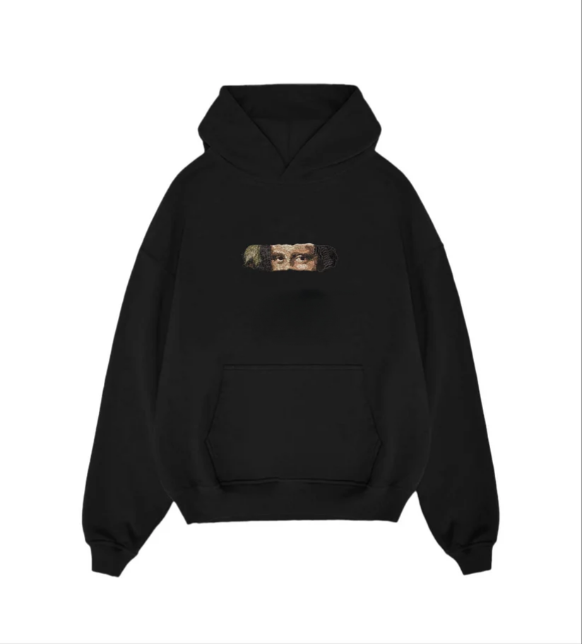 Premium Mona Lisa Eyes Embroidery Black Unisex Hoodie | Oversized Artistic Streetwear Sweatshirt