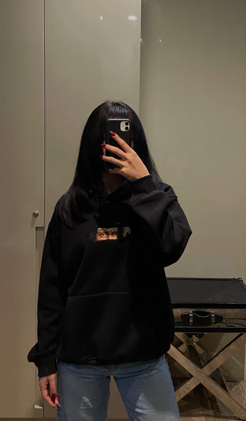 Premium Mona Lisa Eyes Embroidery Black Unisex Hoodie | Oversized Artistic Streetwear Sweatshirt