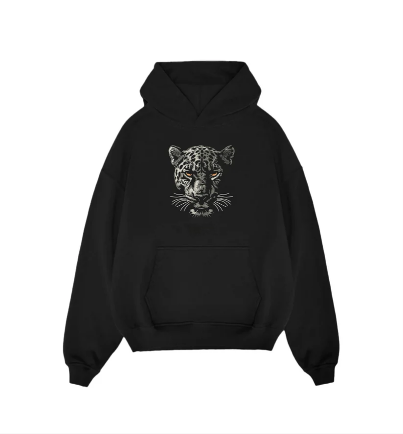 Striking Leopard Head Embroidered Black Unisex Hoodie | Orange Eyes Oversized Streetwear