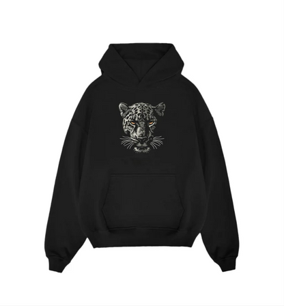Striking Leopard Head Embroidered Black Unisex Hoodie | Orange Eyes Oversized Streetwear