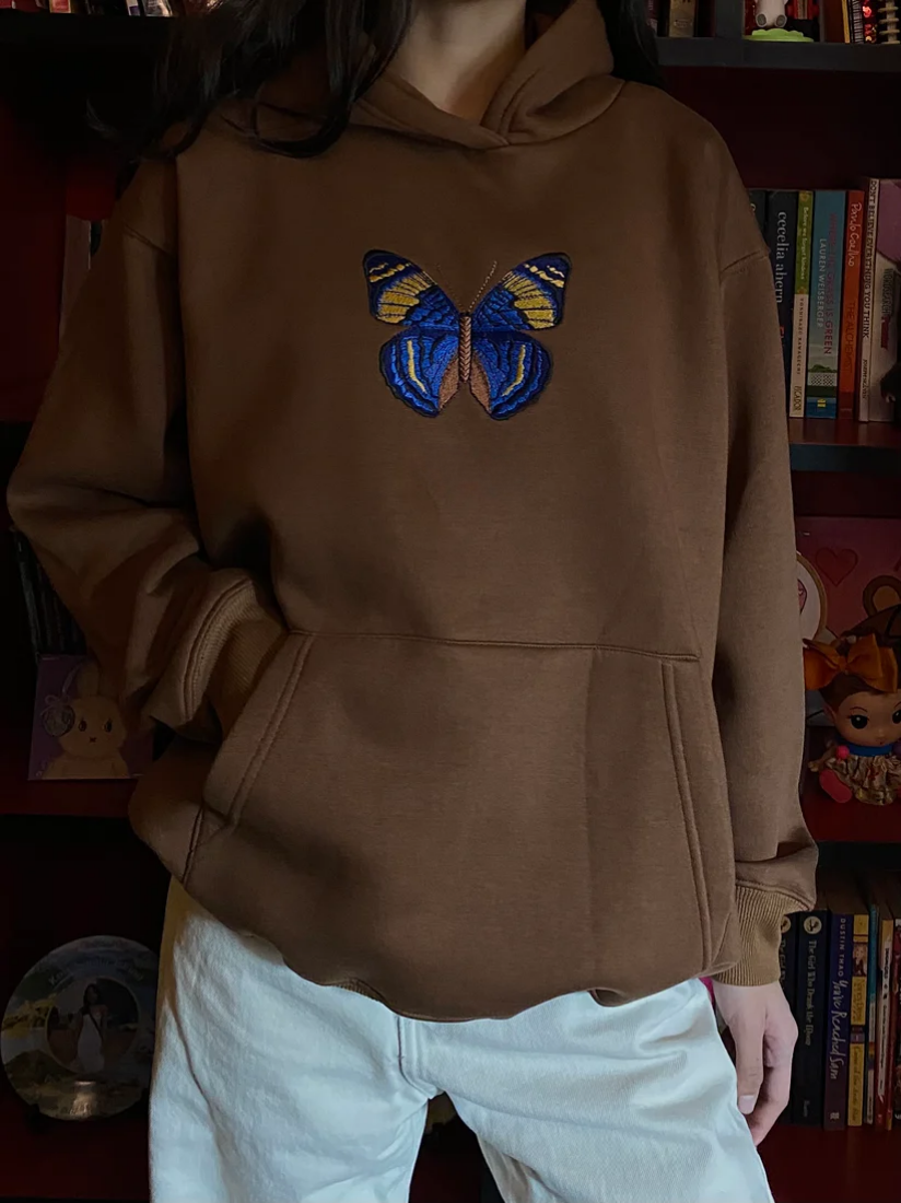 Vibrant Blue Butterfly Embroidered Brown Unisex Hoodie | Oversized Naturecore Jumper