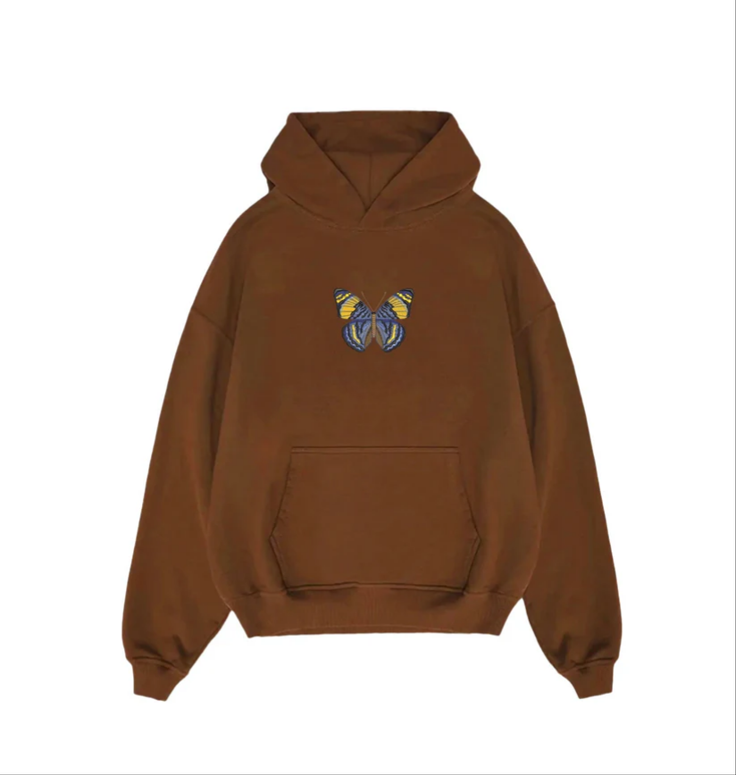 Vibrant Blue Butterfly Embroidered Brown Unisex Hoodie | Oversized Naturecore Jumper