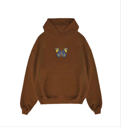 Vibrant Blue Butterfly Embroidered Brown Unisex Hoodie | Oversized Naturecore Jumper