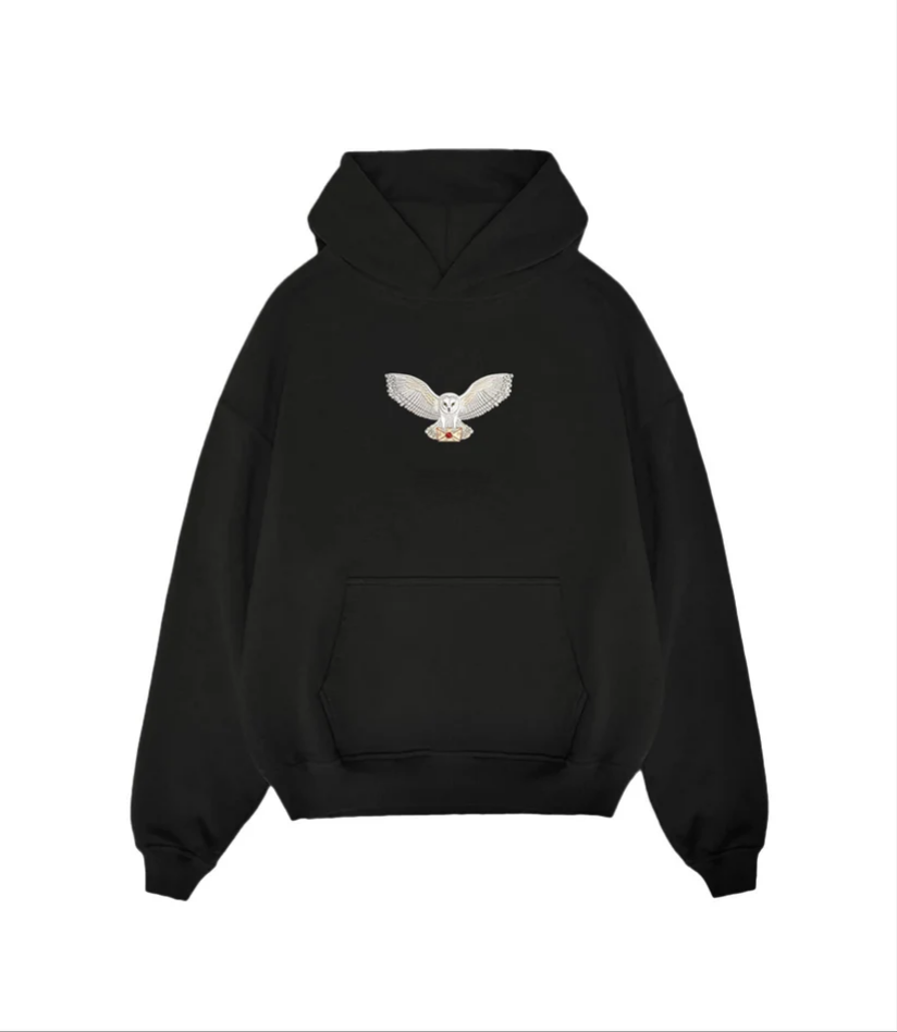 Flying Barn Owl Embroidered Black Unisex Hoodie | Oversized Minimalist Nature Jumper