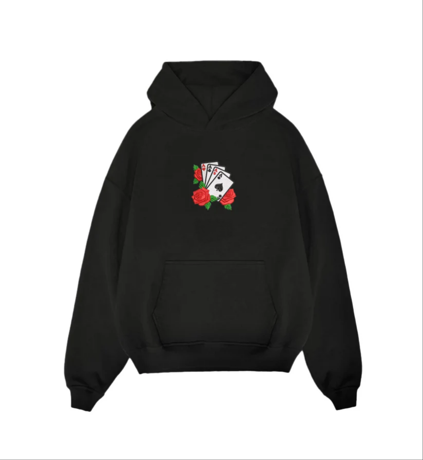 Four Aces & Roses Embroidered Olive Green Unisex Hoodie | Lucky Card Game Streetwear