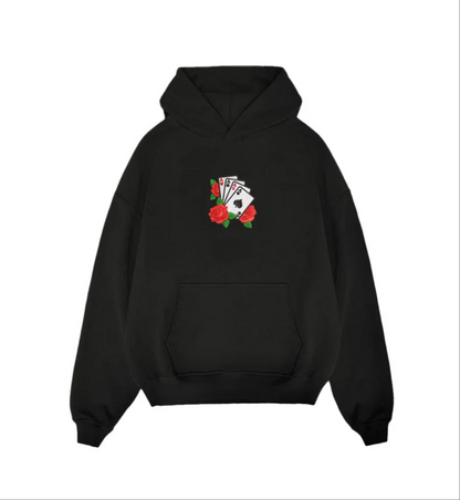 Four Aces & Roses Embroidered Olive Green Unisex Hoodie | Lucky Card Game Streetwear
