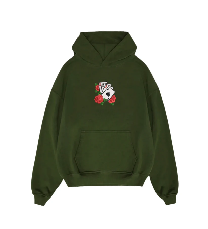 Four Aces & Roses Embroidered Olive Green Unisex Hoodie | Lucky Card Game Streetwear
