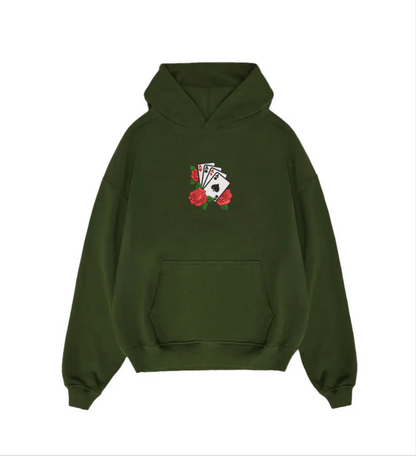 Four Aces & Roses Embroidered Olive Green Unisex Hoodie | Lucky Card Game Streetwear