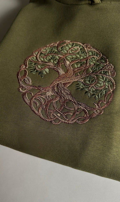 Celtic Tree of Life Embroidered Olive Green Unisex Hoodie | Yggdrasil Nature Sweatshirt