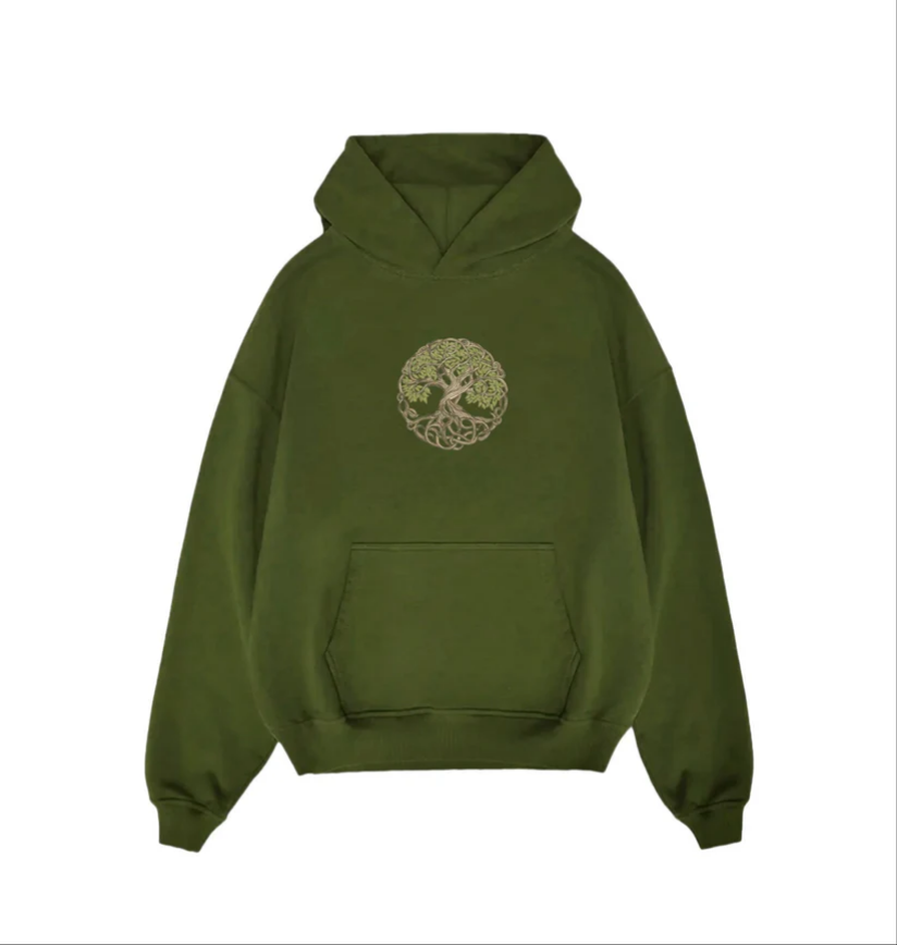 Celtic Tree of Life Embroidered Olive Green Unisex Hoodie | Yggdrasil Nature Sweatshirt