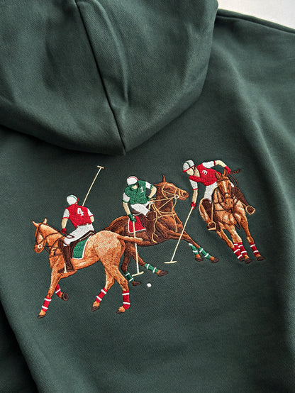 Vintage Polo Players Embroidered Dark Green Unisex Hoodie | Equestrian Sportswear Jumper