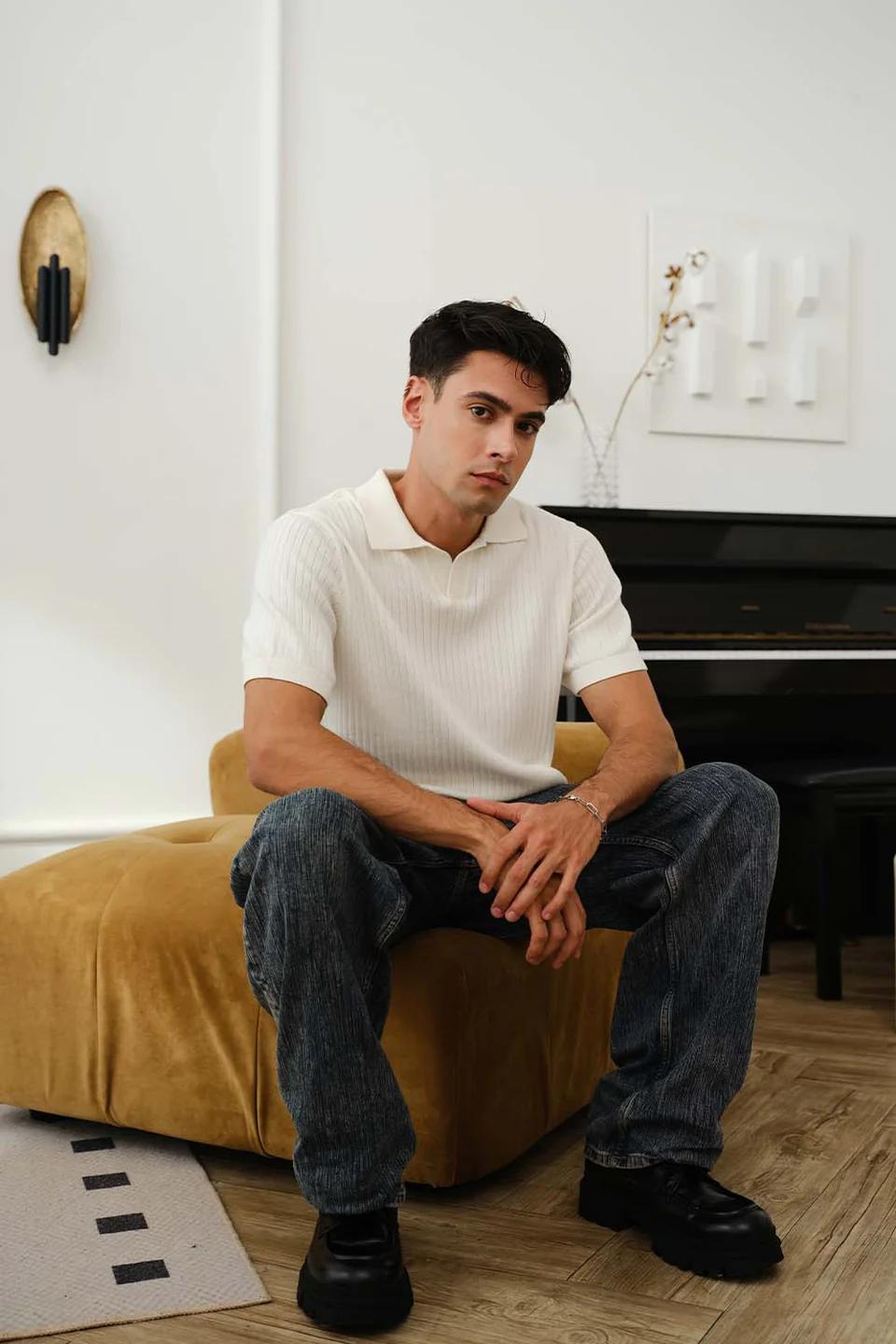 Krritra's Ribbed Knitted White Polo T-Shirt