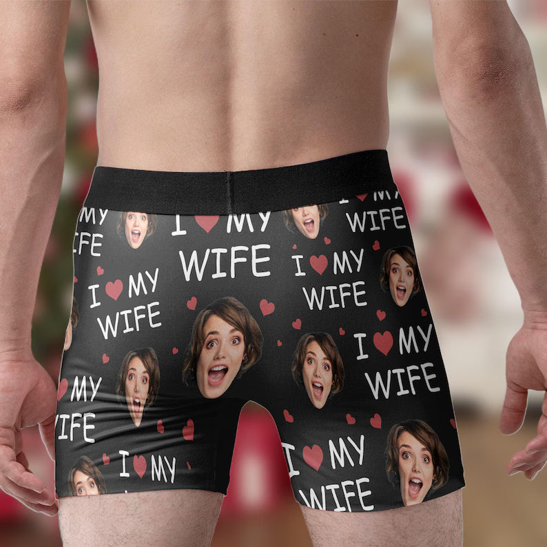"I LOVE MY WIFE" Custom Face Boxers | Personalized Underwear with Picture for Him | Unique Joke Gift