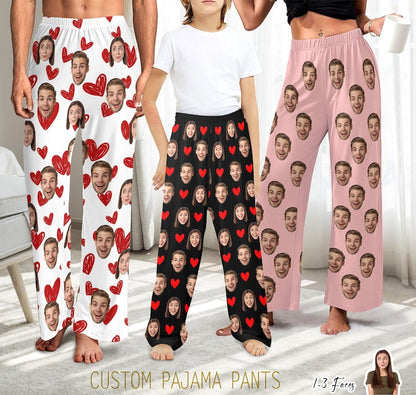 Krritra Personalized Face Pajama Pants – Custom Photo Lounge Pants for Men, Women & Kids | Matching Couple Pajamas with Hearts