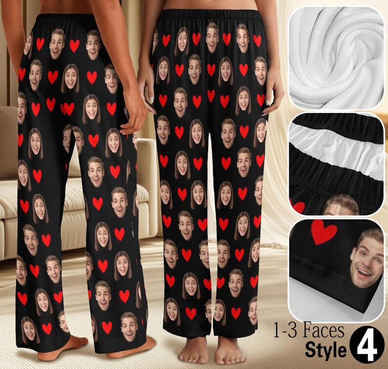 Krritra Personalized Face Pajama Pants – Custom Photo Lounge Pants for Men, Women & Kids | Matching Couple Pajamas with Hearts