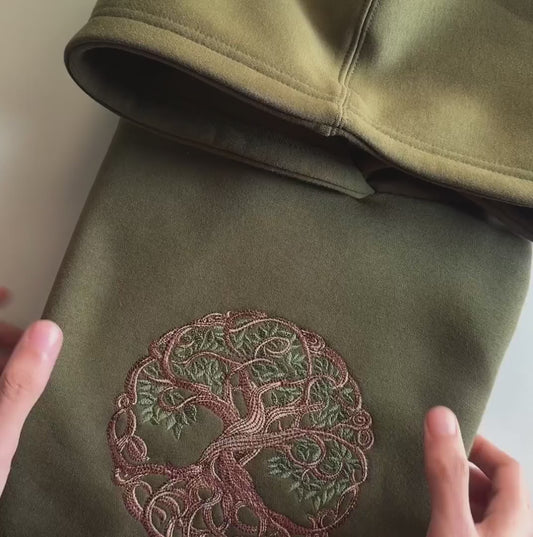 Celtic Tree of Life Embroidered Olive Green Unisex Hoodie | Yggdrasil Nature Sweatshirt