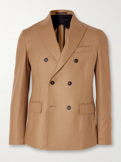 Men's Camel Wool Double-Breasted Suit | Tailored Fit Tan Blazer & Trousers | Business & Wedding Attire