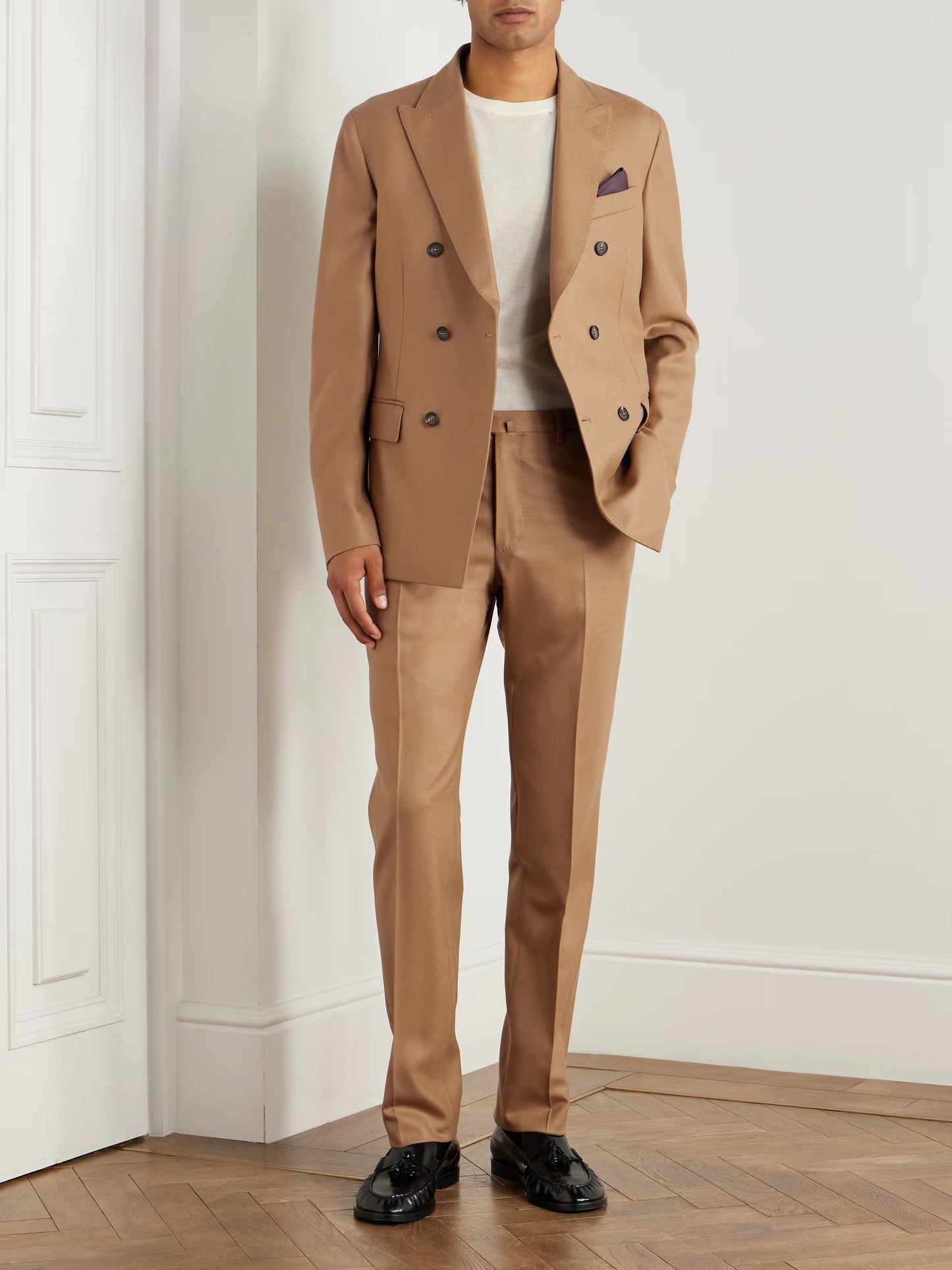 Men's Camel Wool Double-Breasted Suit | Tailored Fit Tan Blazer & Trousers | Business & Wedding Attire