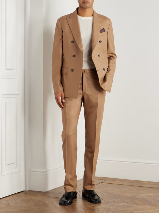Men's Camel Wool Double-Breasted Suit | Tailored Fit Tan Blazer & Trousers | Business & Wedding Attire