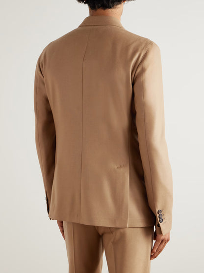 Men's Camel Wool Double-Breasted Suit | Tailored Fit Tan Blazer & Trousers | Business & Wedding Attire