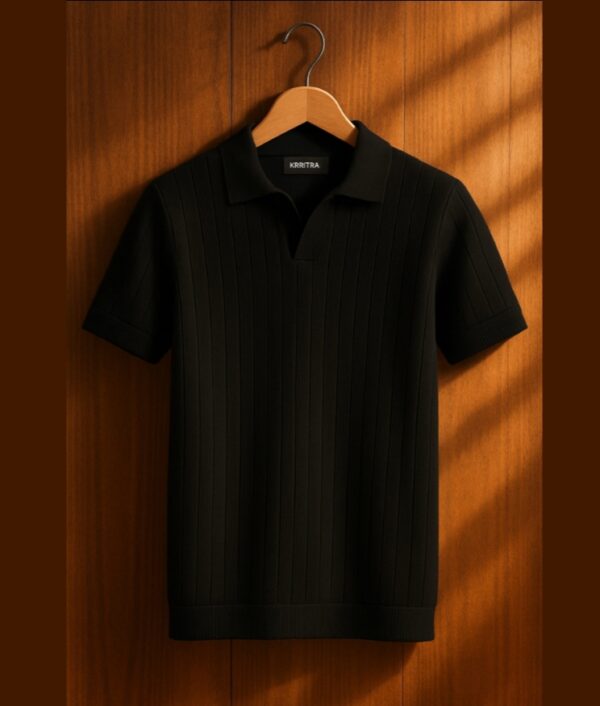 Krritra Black Ribbed Knitted Polo T-Shirt