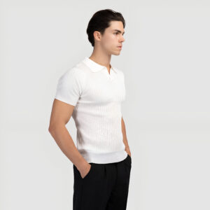 Krritra White Ribbed Knitted Polo T-shirt