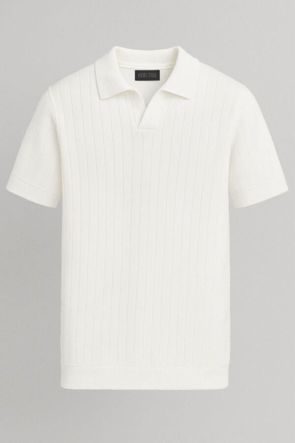 Krritra White Ribbed Knitted Polo T-shirt - Image 4