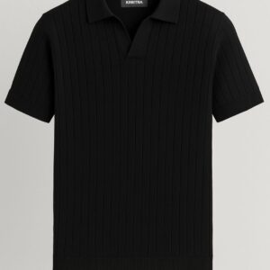 Krritra Black Ribbed Knitted Polo T-Shirt