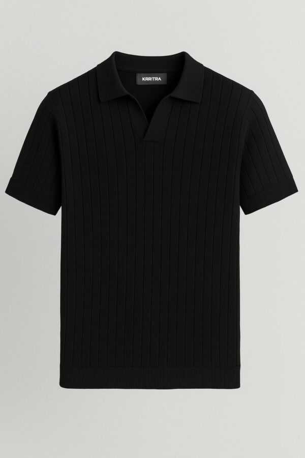 Krritra Black Ribbed Knitted Polo T-Shirt