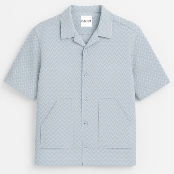 KRRITRA Sky Blue Zigzag Textured Cuban Collar Shirt – Men’s Casual Resort Wear