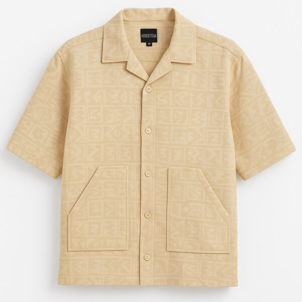 Krritra Signature Beige Textured Cuban Collar Shirt