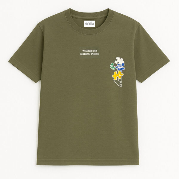"Where’s My Missing Piece?" – Olive Green Puzzle Face Graphic Tee for Men | KRRITRA